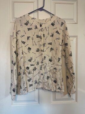 Vintage Tom Tom 100% Linen Quatro Jacket Top Garden Print Cream Button-Front